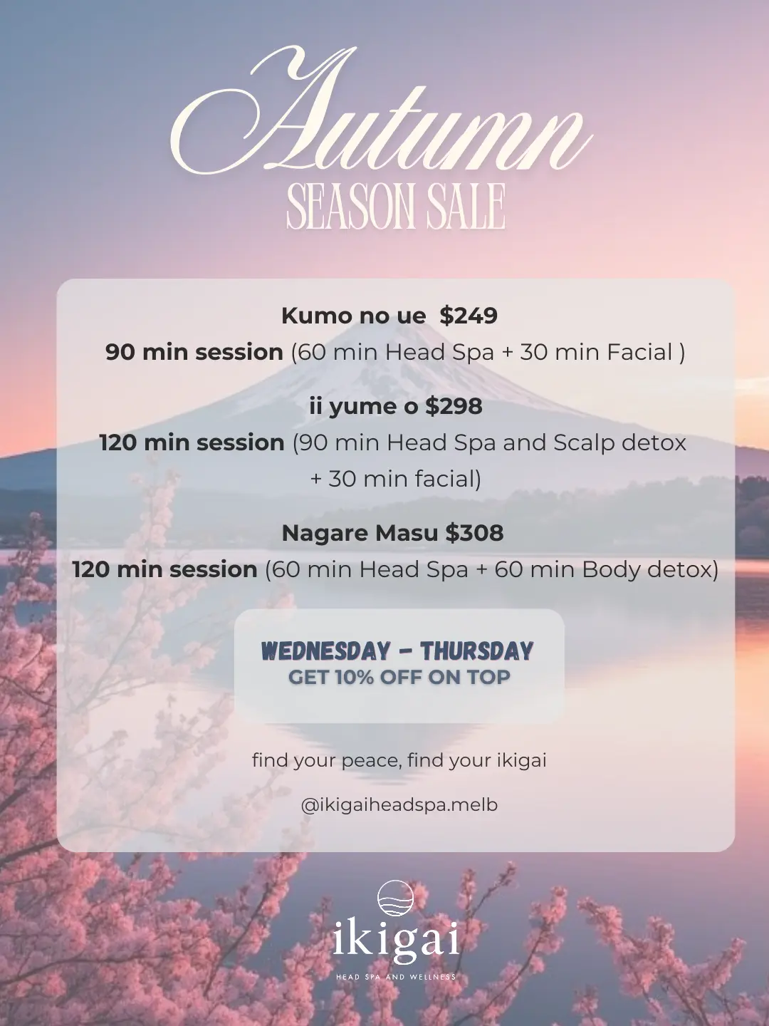 15% OFF Autumn Packages Special Offer for ikigai Head Spa and Wellness in Hawthorn, Melbourne.
